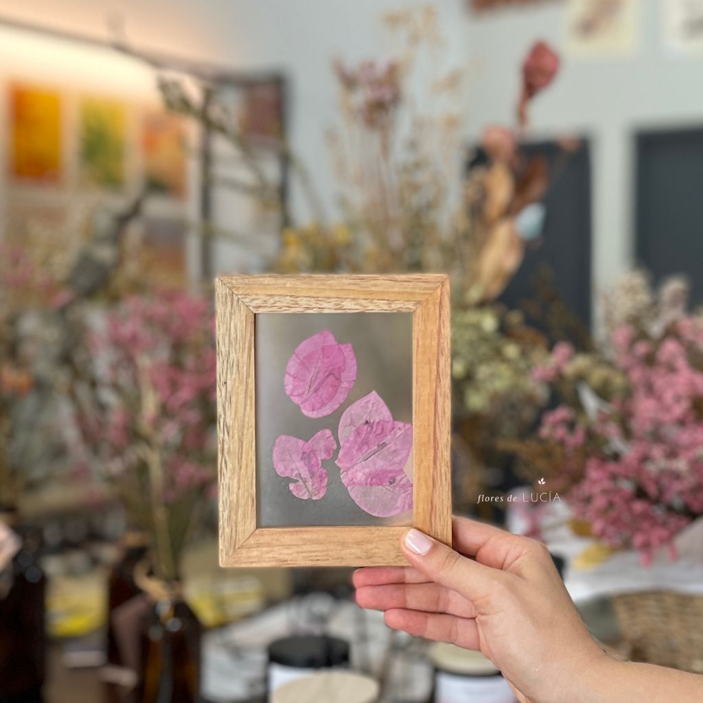 Cuadro de flores prensadas entre vidrios colección Mosaico Florecido tamaño mini.